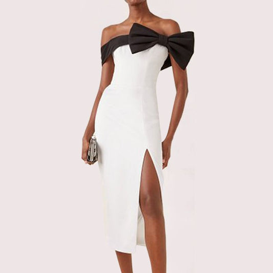 Black And White Slit Long Skirt Bow Party Dress