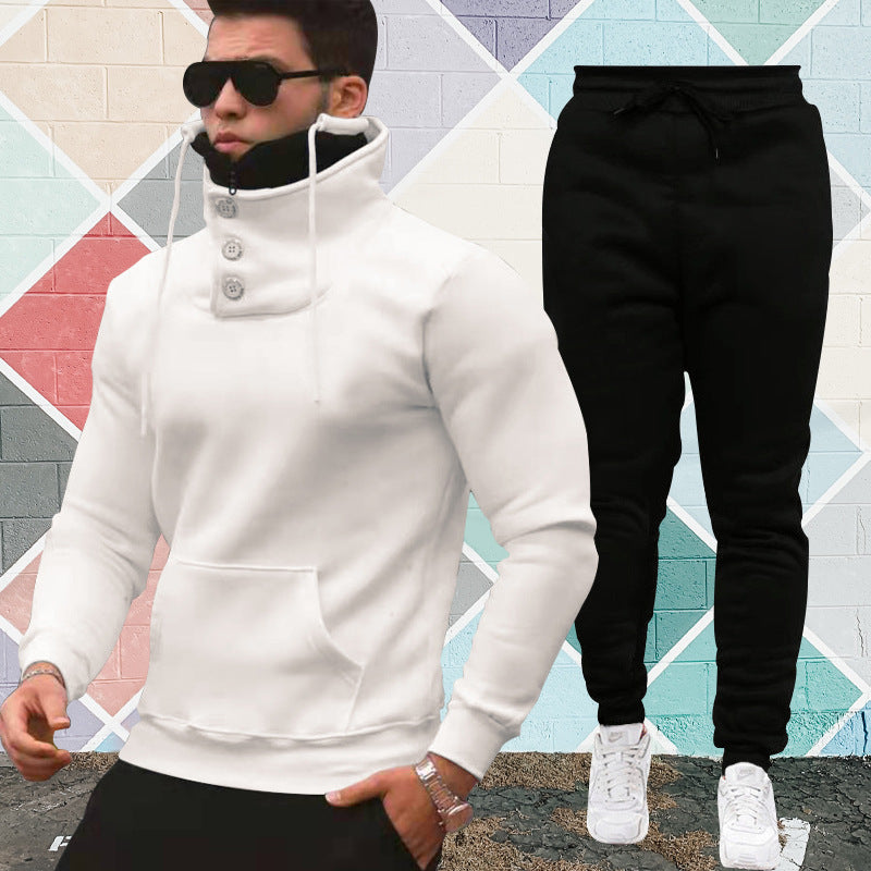 Hooded Pullover High Collar Double Collar Plush Casual Sports Sweater Suit For Men