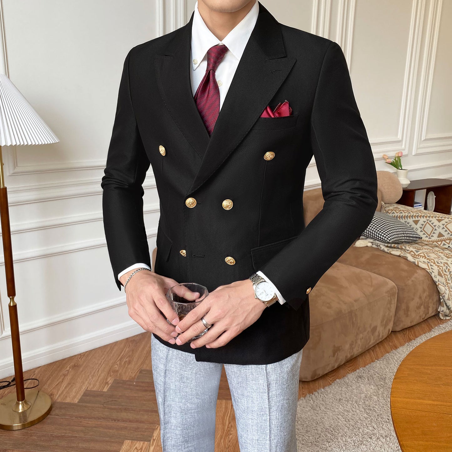 Double Breasted Suit Jacket Men Casual Slim