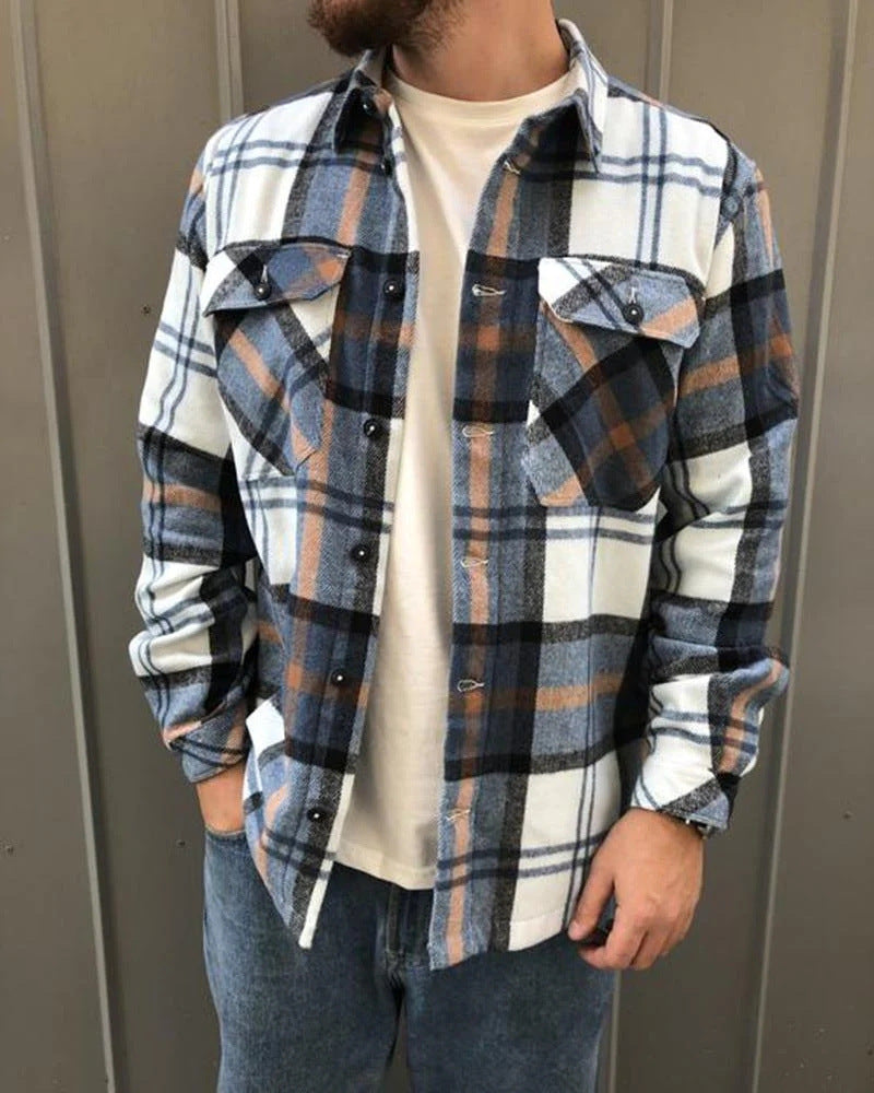 Printed Plaid Woolen Shirt Men