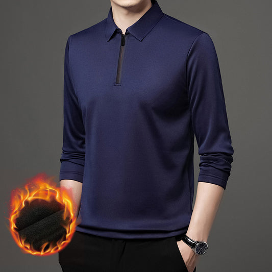 Half Zipper Fleece-lined Thickened Polo Shirt Men Polo Collar Solid Color