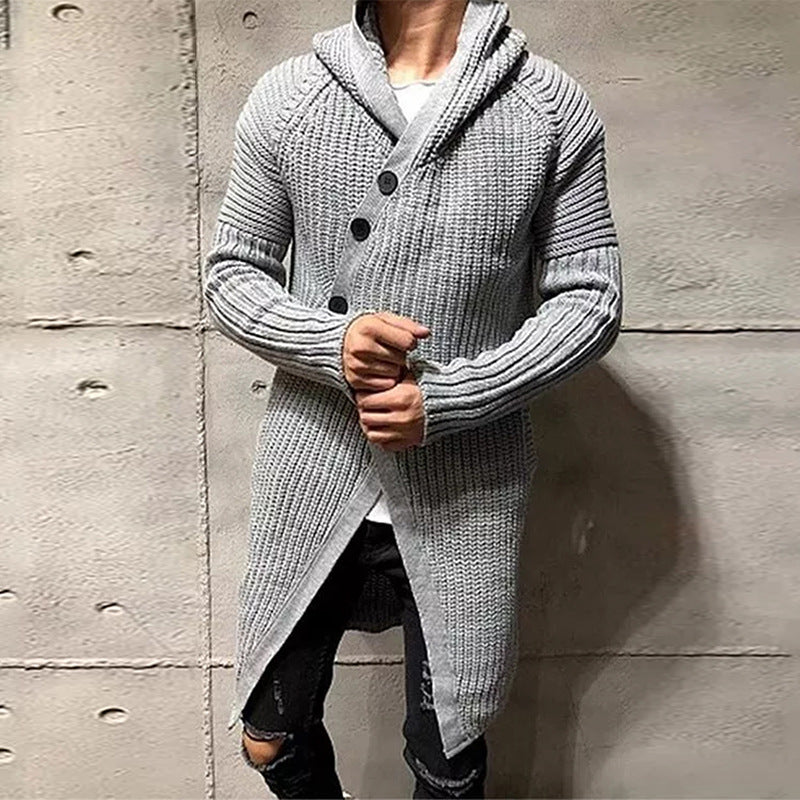 Long Knitted Hooded Sweater Coat Men Solid Color Button Casual Clothes