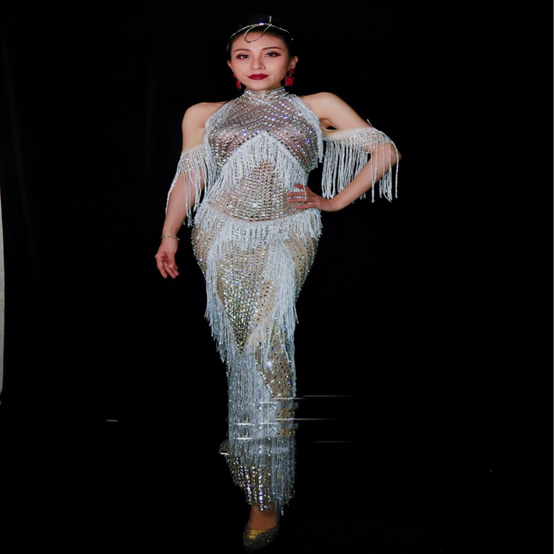 Full Diamond Fringed One-piece Dress Female Song Dj Dance Team