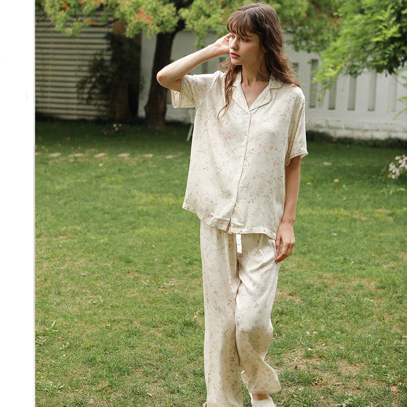 Rayon Satin Small Willow Leaf Floral Print Loungewear