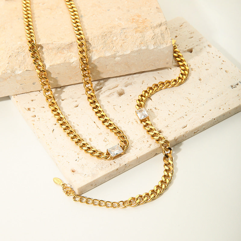Stainless Steel Necklace Bracelet Jewelry Inlaid Rectangular Zircon 18K Gold Cuban Link Chain Necklace