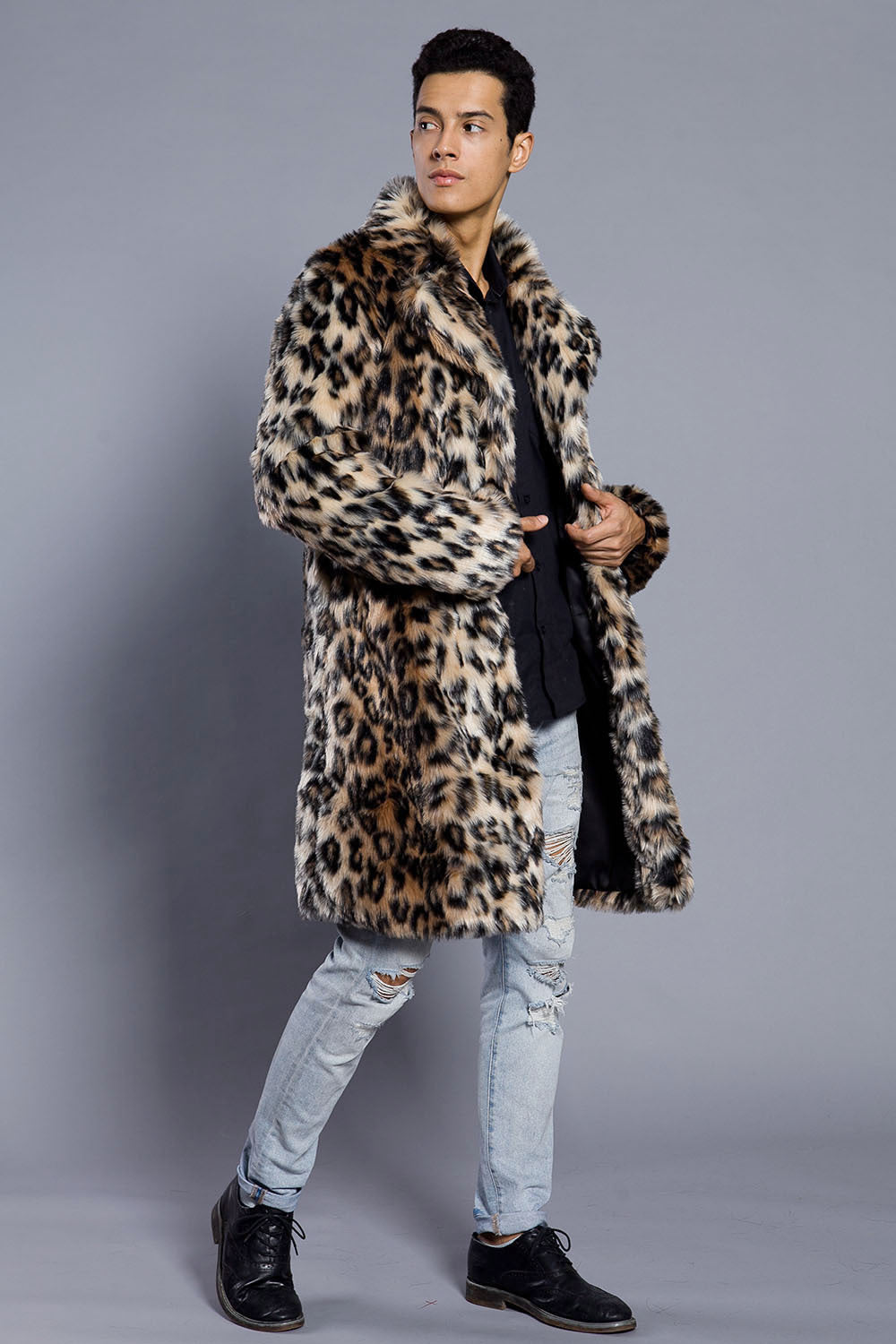 Europe And The United States Leopard Color  Fur Men's Suit Collar Collar Coat Popular Warm Coat Men