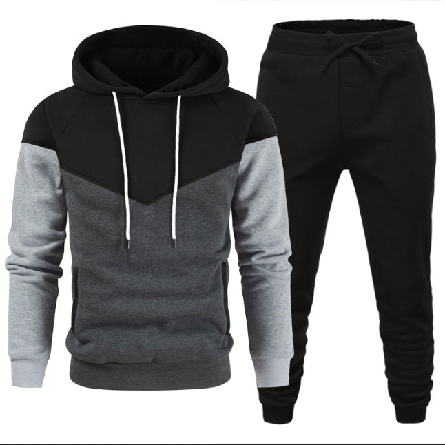 Men's Fleece-lined Sweater Suit Teenagers Fashion Casual Exercise Stitching Contrast Color