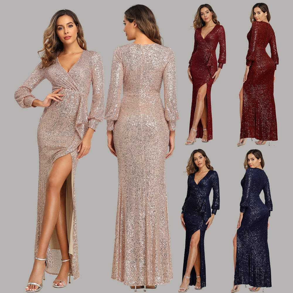 High Slit Long Sleeve Sequined Banquet Evening Dress Women