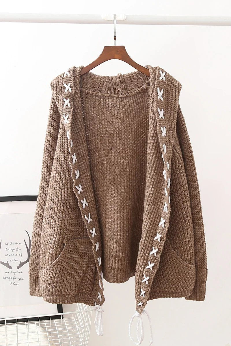 Women Hooded Tops Knitting Cardigan Sweater Coat Women Loose Sweater