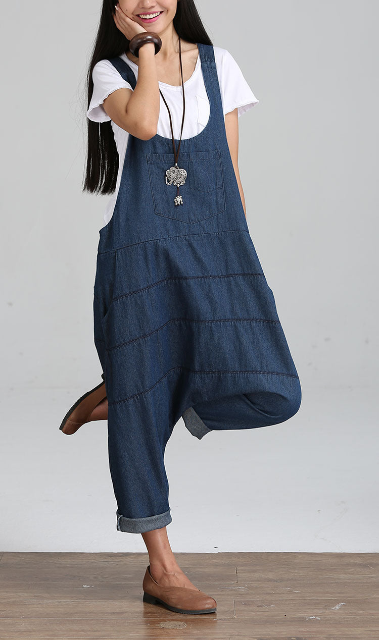 Vintage Women Jumpsuits Palazzo Pants Denim Jumpsuit Harem Pants Straps Pockets Jumpsuits Casual Pants Jumpsuit