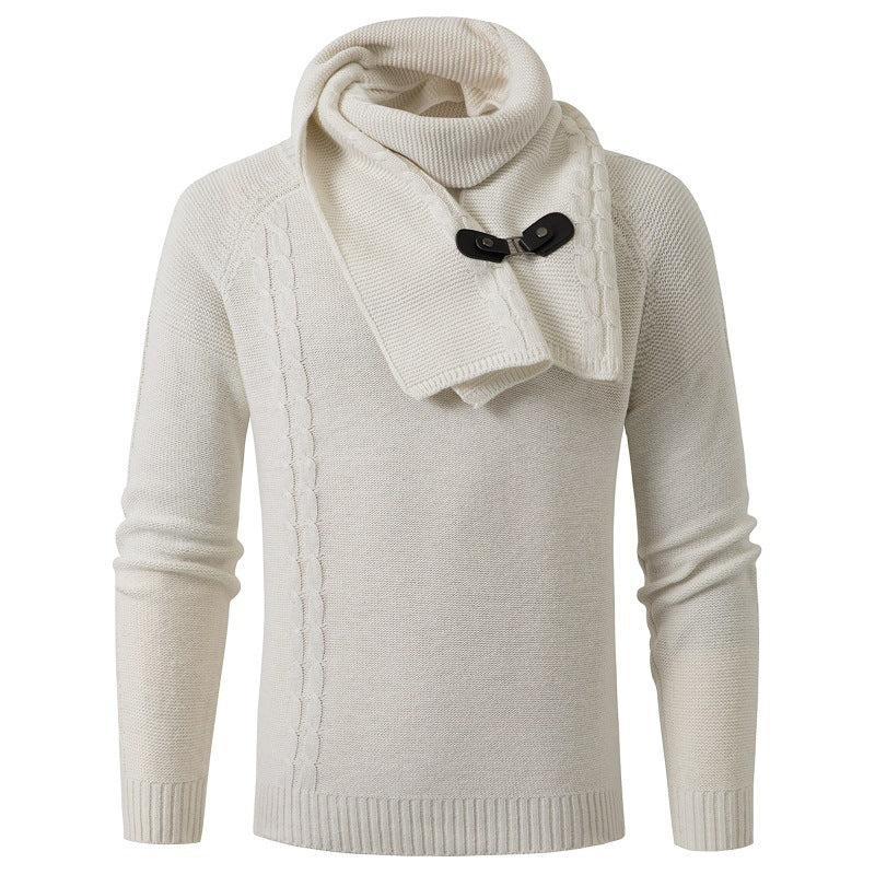 Men's Long-sleeved Scarf Detachable Slim Round Neck Pullover Knitted Sweater