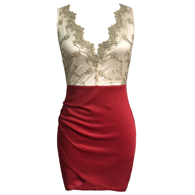 Nightclub Bar Sexy Dress V-neck Lace Splicing Hip Wrap Short Skirt