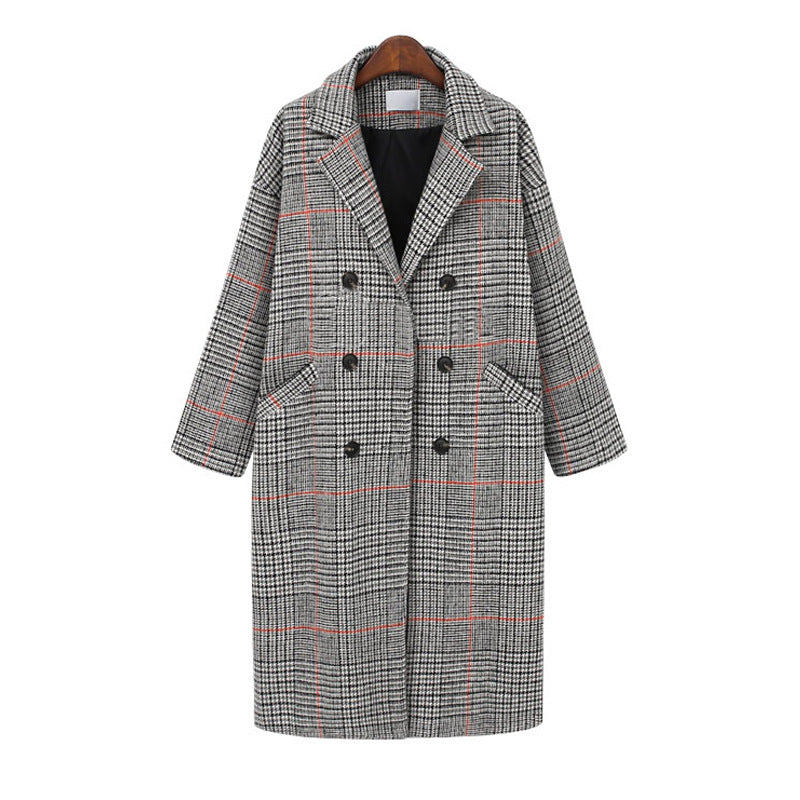 All-match plaid coat mid-length woolen coat