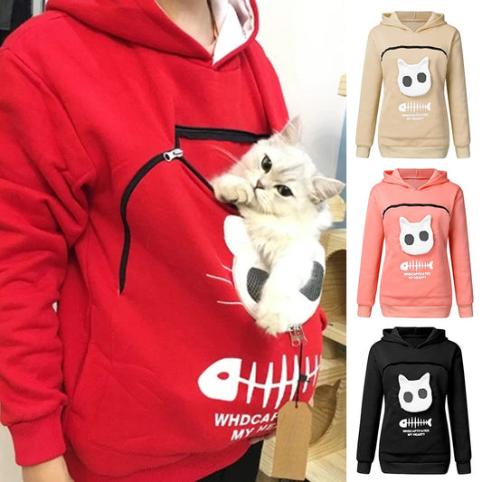 Women Hoodie Sweatshirt With Cat Pet Pocket Design Long Sleeve