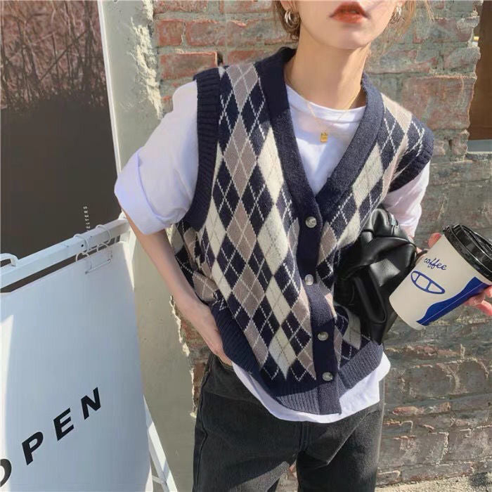 Fashion Diamond Plaid Sweater Vest Cardigan Jacket Women