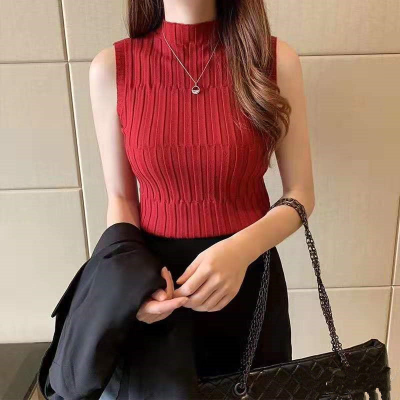 Retro Half High Neck Slim Knit Sweater Women Sleeveless All-match Bottoming Vest Top