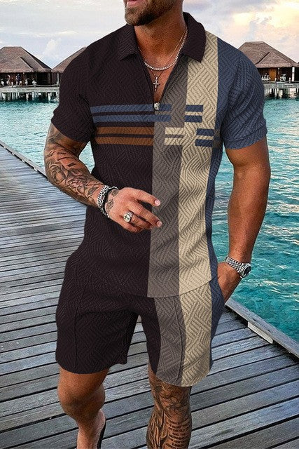 New Men's Fashion Casual Polo Shirt Shorts Two-piece Set