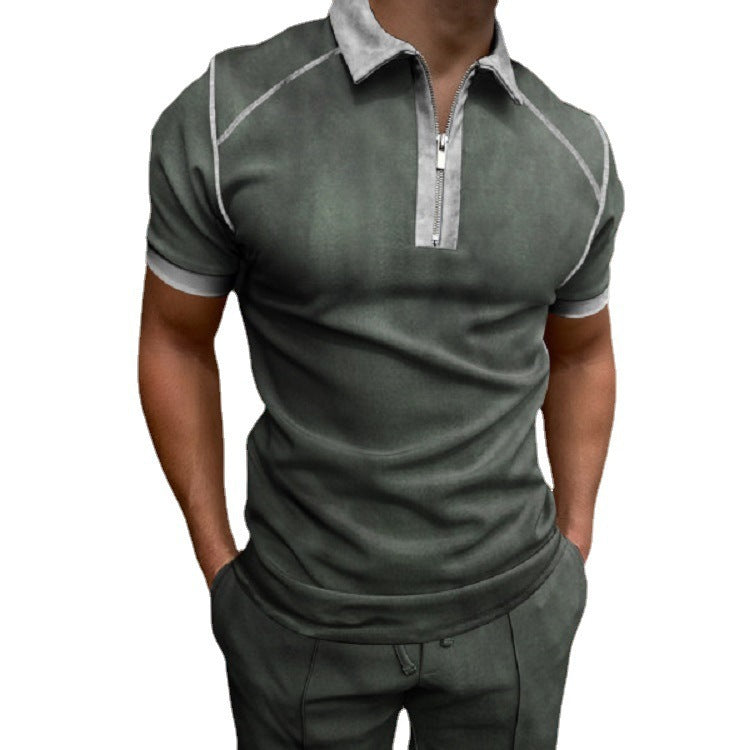 Men's Casual Short Sleeve Digital Print Zip Pullover Men's Polo Shirt