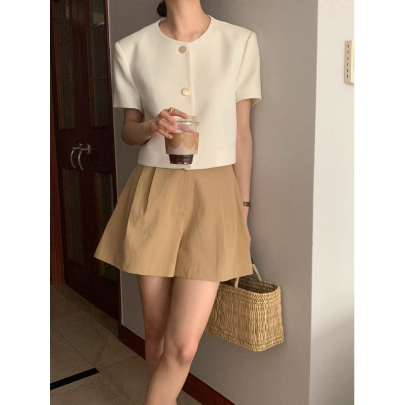 Summer Elegant Classic Style Round Neck Single-breasted Loose Leisure All-matching Puff Sleeve Short Coat For Women