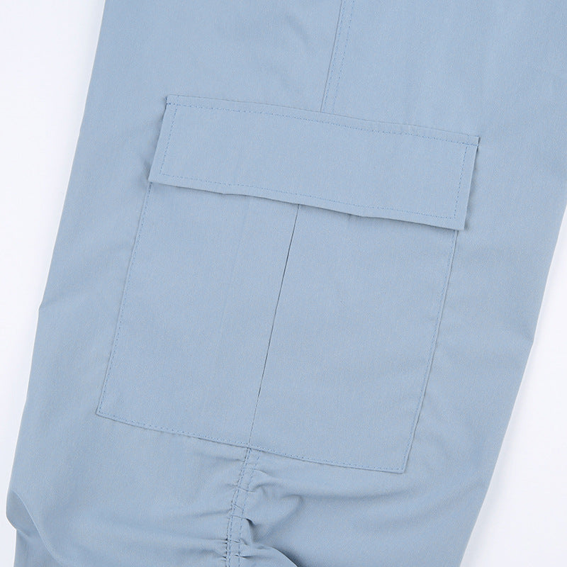 Grey Blue Pleated Drawstring Casual Pants For Women