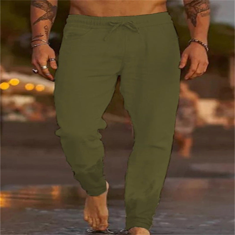 Men's Solid Color Drawstring Cotton Linen Loose Casual Beach Pants