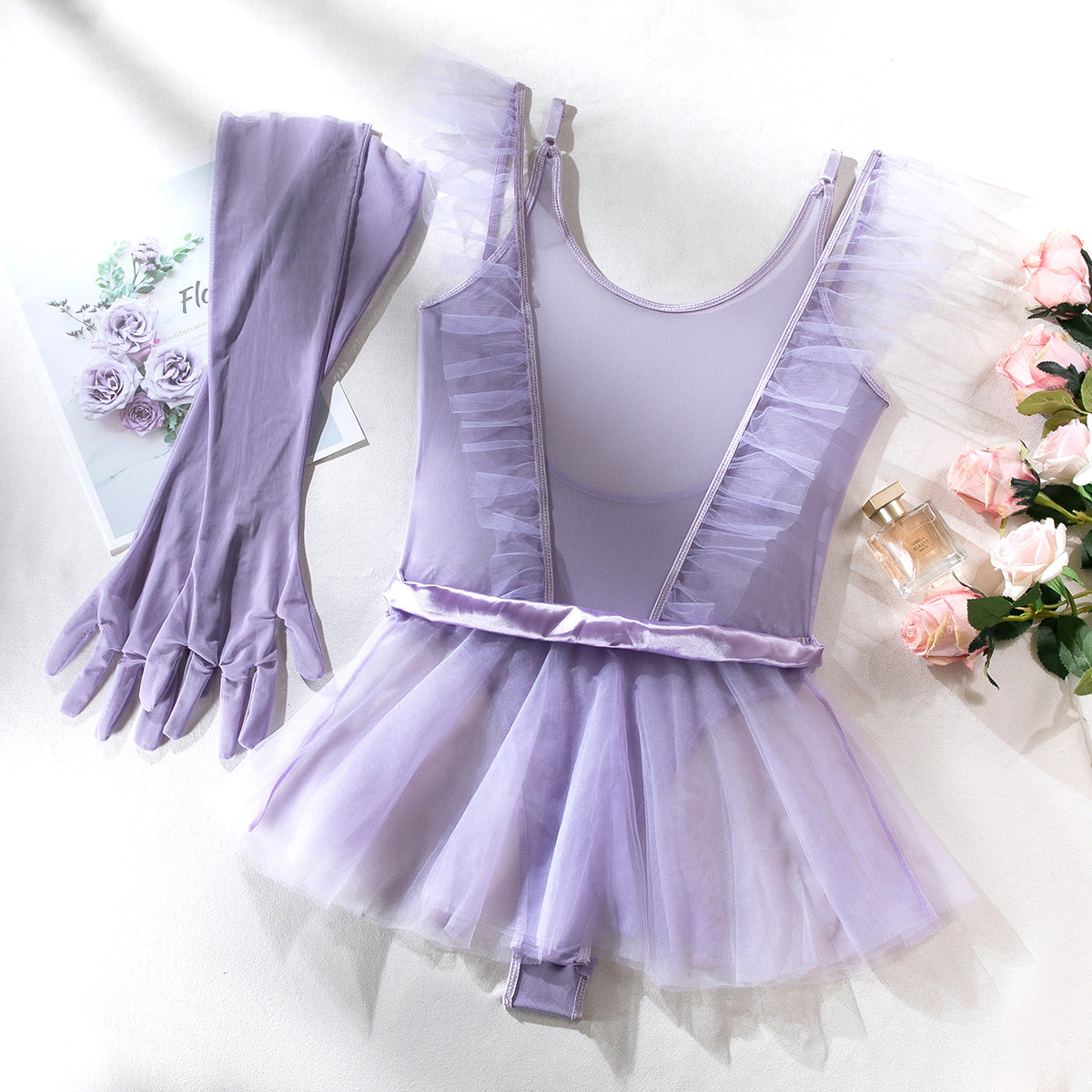 Mesh Jumpsuit Tutu Skirt Gloves Three-piece Set For Women