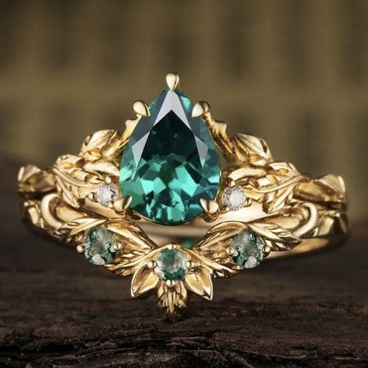 Palace Style Emerald Water Drop Zircon Ring Gold-plated Inlaid Lvzuan Couple Rings