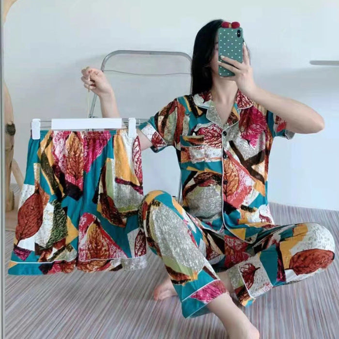 Fruit Pajamas Women's New Summer Thin Short-sleeved Trousers Milk Silk Cute Loungewear Three-piece Suit