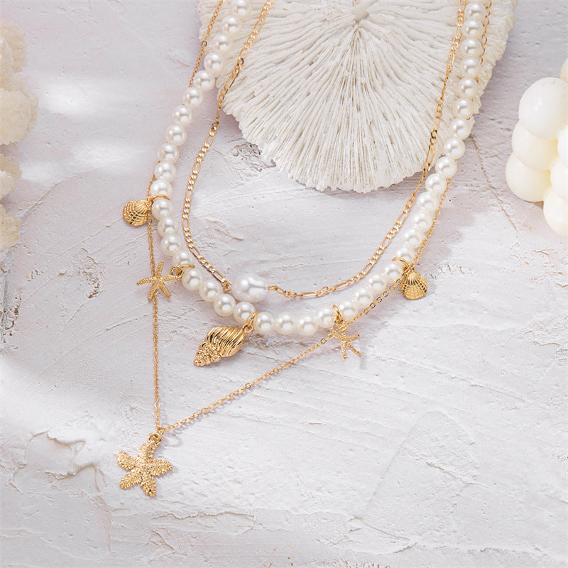 Summer Retro Vacation Style Beach Shell Artificial Pearl Conch Multi-layer Women's Necklace