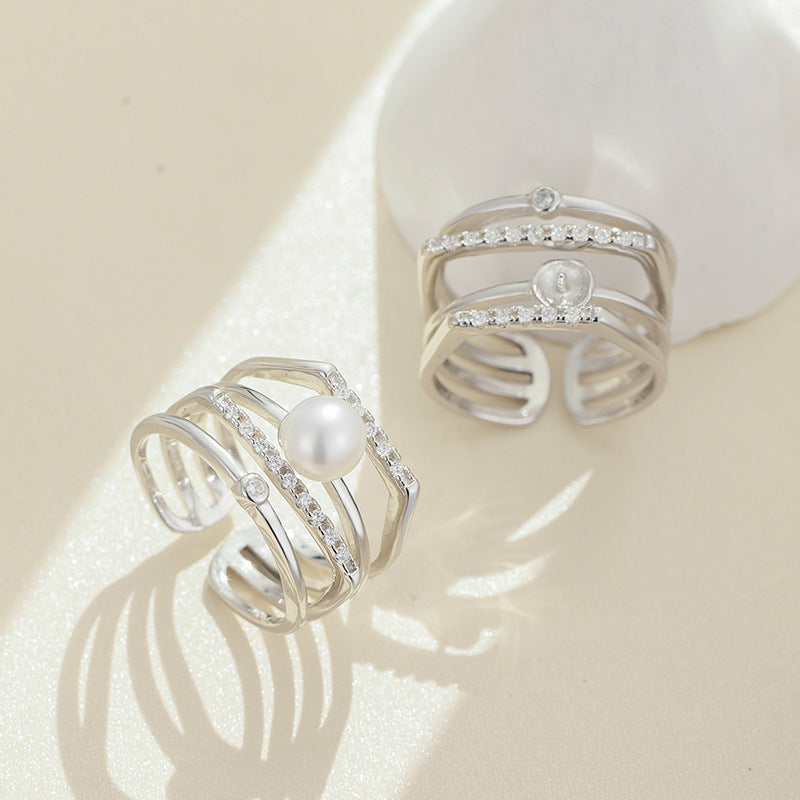 Sterling Silver Pearl Eardrop Frame Women's Multi-layer Open Ring
