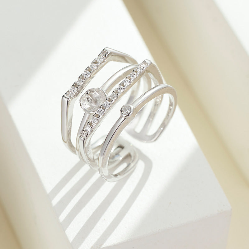 Sterling Silver Pearl Eardrop Frame Women's Multi-layer Open Ring