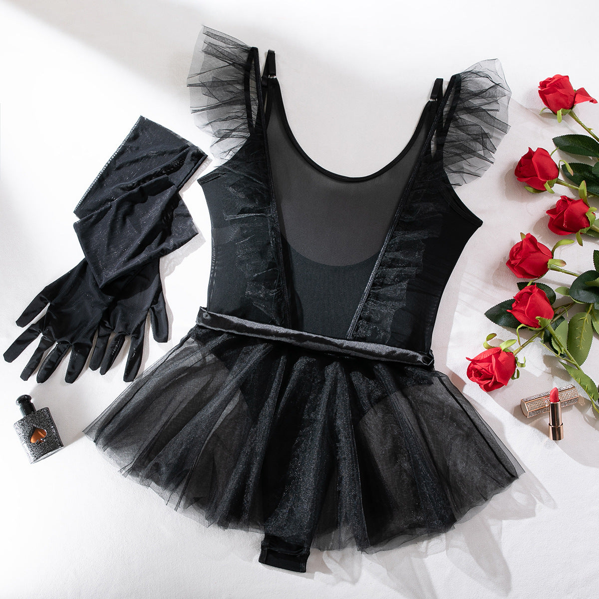 Mesh Jumpsuit Tutu Skirt Gloves Three-piece Set For Women