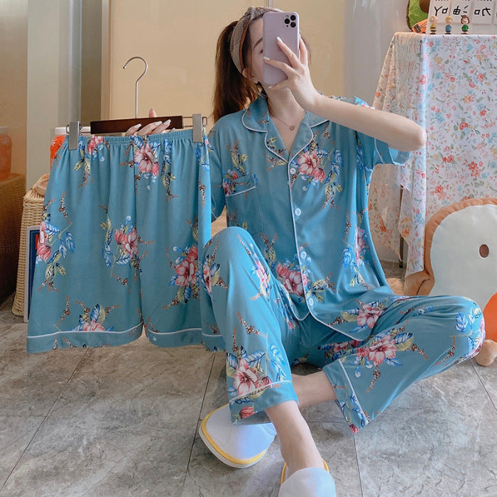 Fruit Pajamas Women's New Summer Thin Short-sleeved Trousers Milk Silk Cute Loungewear Three-piece Suit