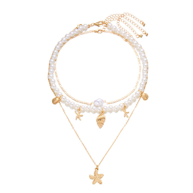 Summer Retro Vacation Style Beach Shell Artificial Pearl Conch Multi-layer Women's Necklace