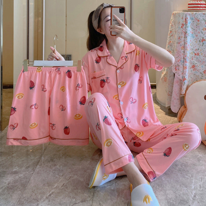 Fruit Pajamas Women's New Summer Thin Short-sleeved Trousers Milk Silk Cute Loungewear Three-piece Suit