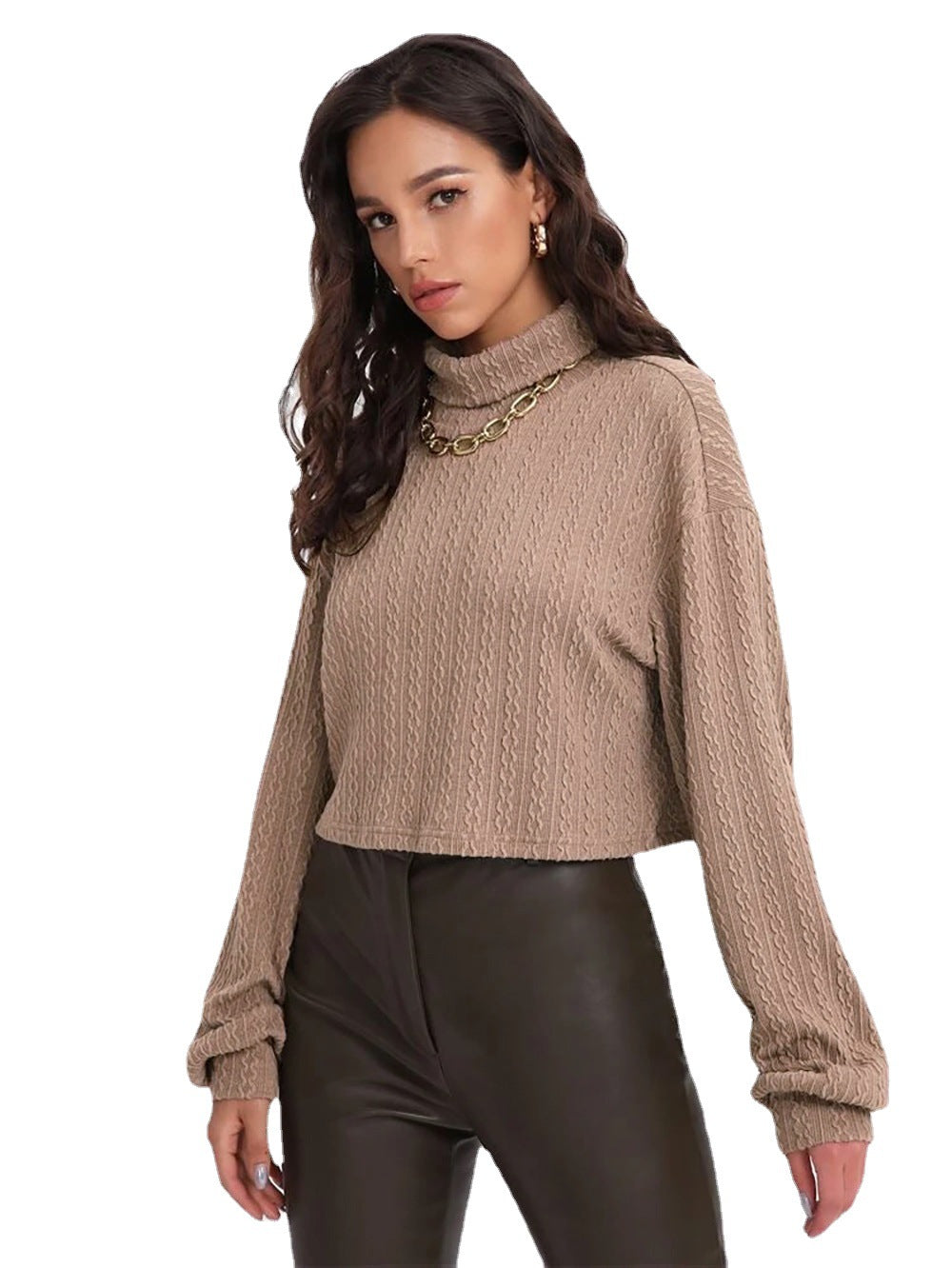 High Collar Long Sleeve Knitted Solid Loose Sweater For Women