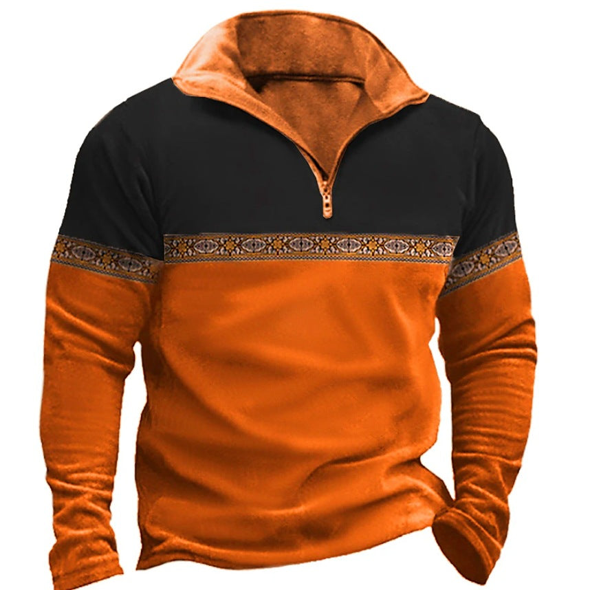 Printing Lapel Long Sleeve Pullover Leisure Men's T-shirt