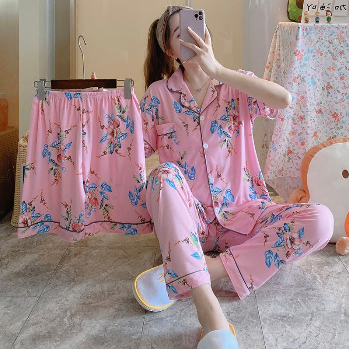 Fruit Pajamas Women's New Summer Thin Short-sleeved Trousers Milk Silk Cute Loungewear Three-piece Suit