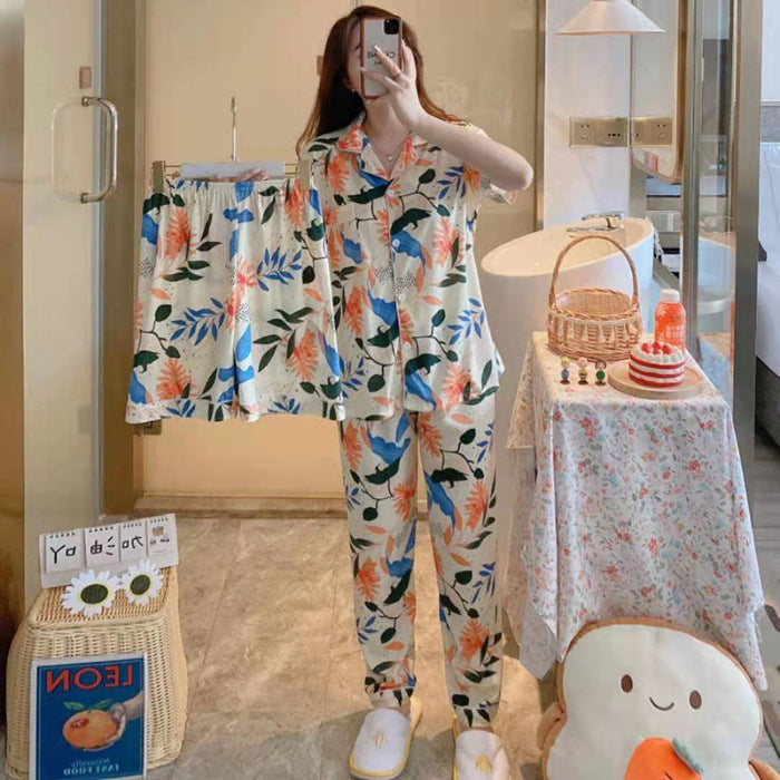 Fruit Pajamas Women's New Summer Thin Short-sleeved Trousers Milk Silk Cute Loungewear Three-piece Suit