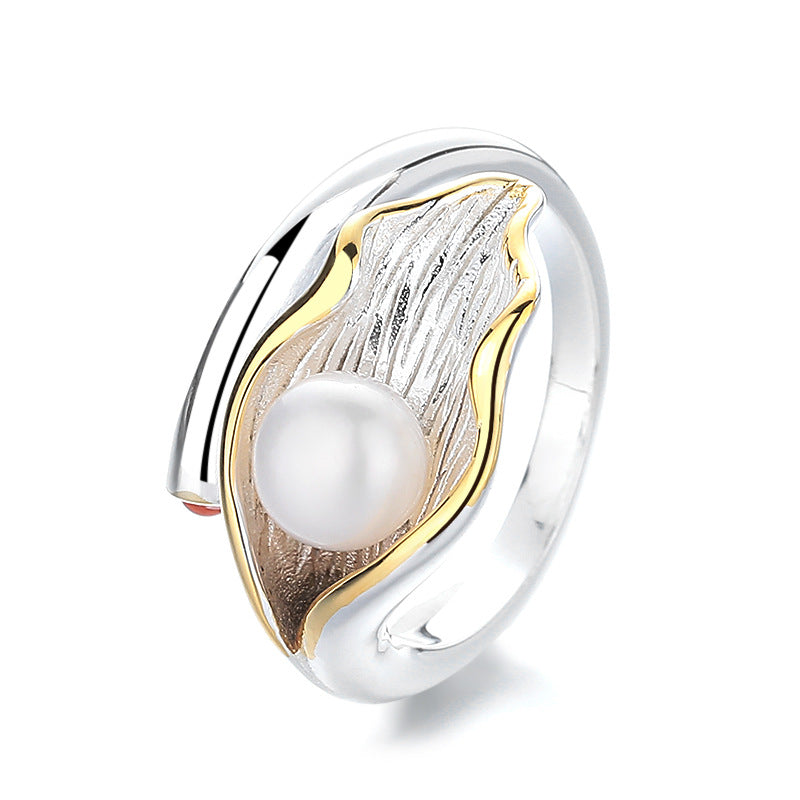 Leaf Color Matching Pearl Light Luxury Exquisite Open Ring