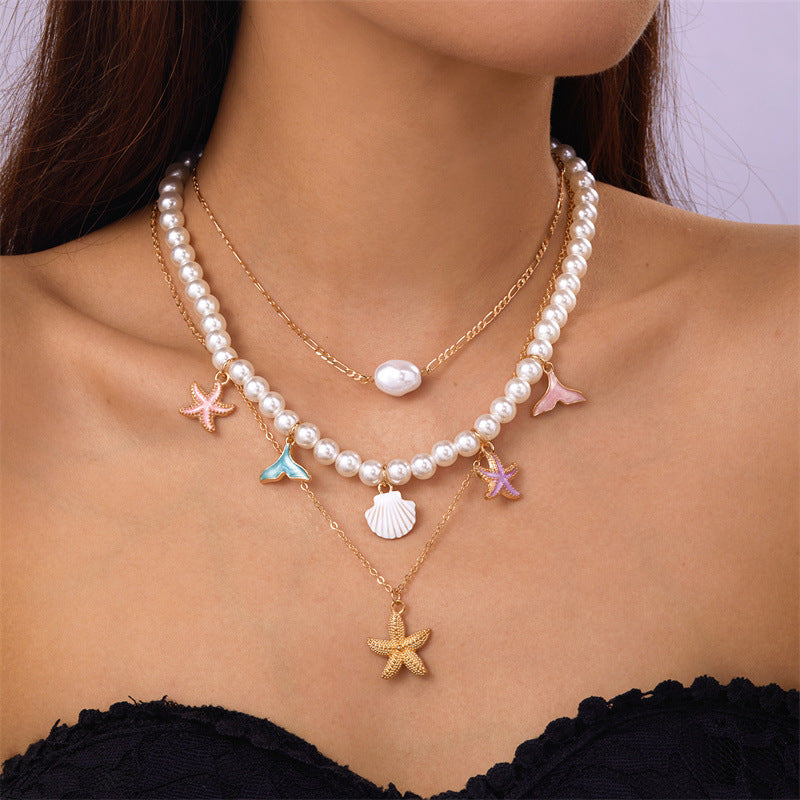 Summer Retro Vacation Style Beach Shell Artificial Pearl Conch Multi-layer Women's Necklace