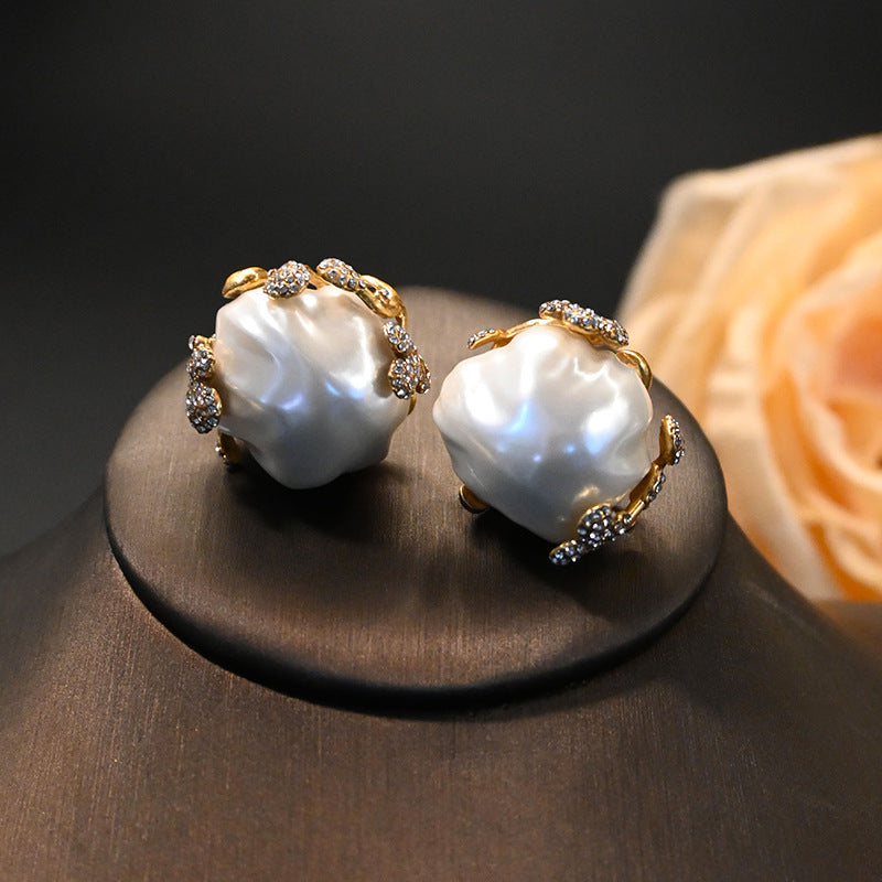 Vintage Brass Inlaid Baroque Pearl Bud Ear Stud And Ring