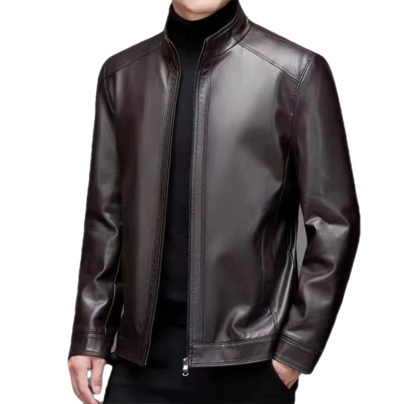 Leather Jacket For Middle-aged Men Leather Clothing With Stand Collar Men Fleece-lined