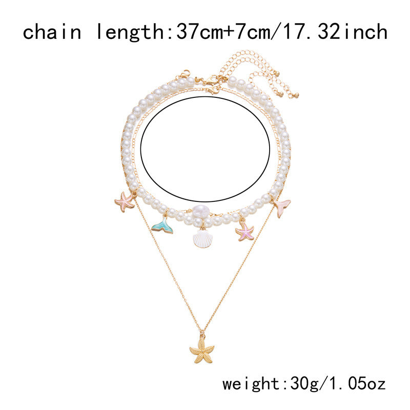 Summer Retro Vacation Style Beach Shell Artificial Pearl Conch Multi-layer Women's Necklace