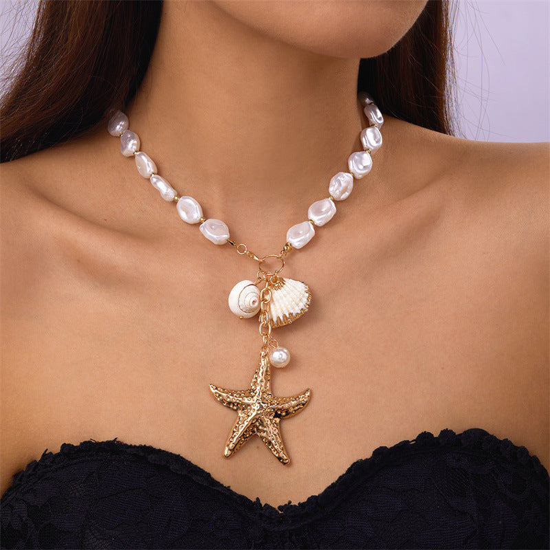 Summer Retro Vacation Style Beach Shell Artificial Pearl Conch Multi-layer Women's Necklace