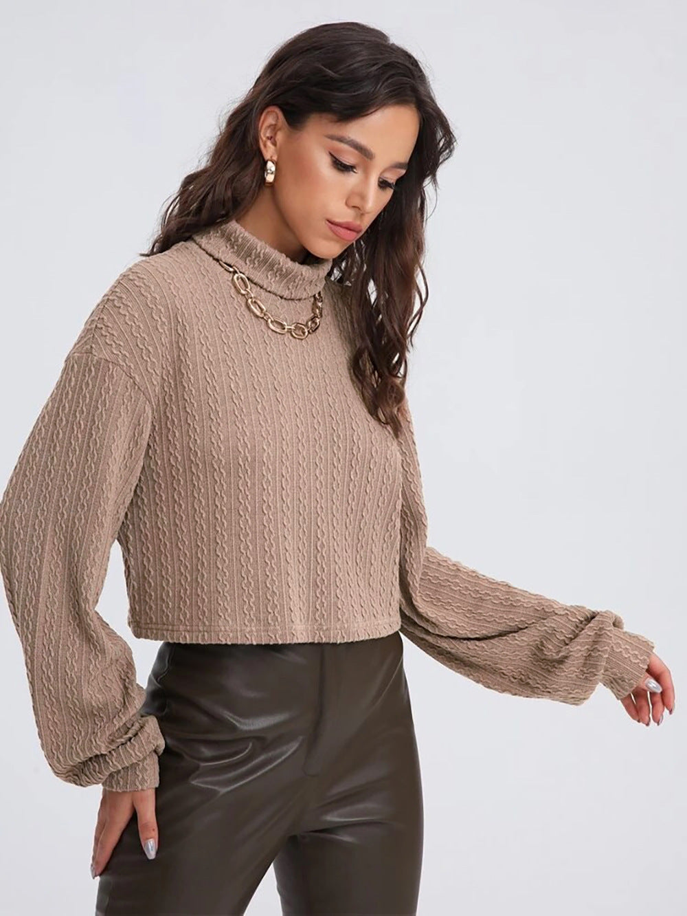 High Collar Long Sleeve Knitted Solid Loose Sweater For Women