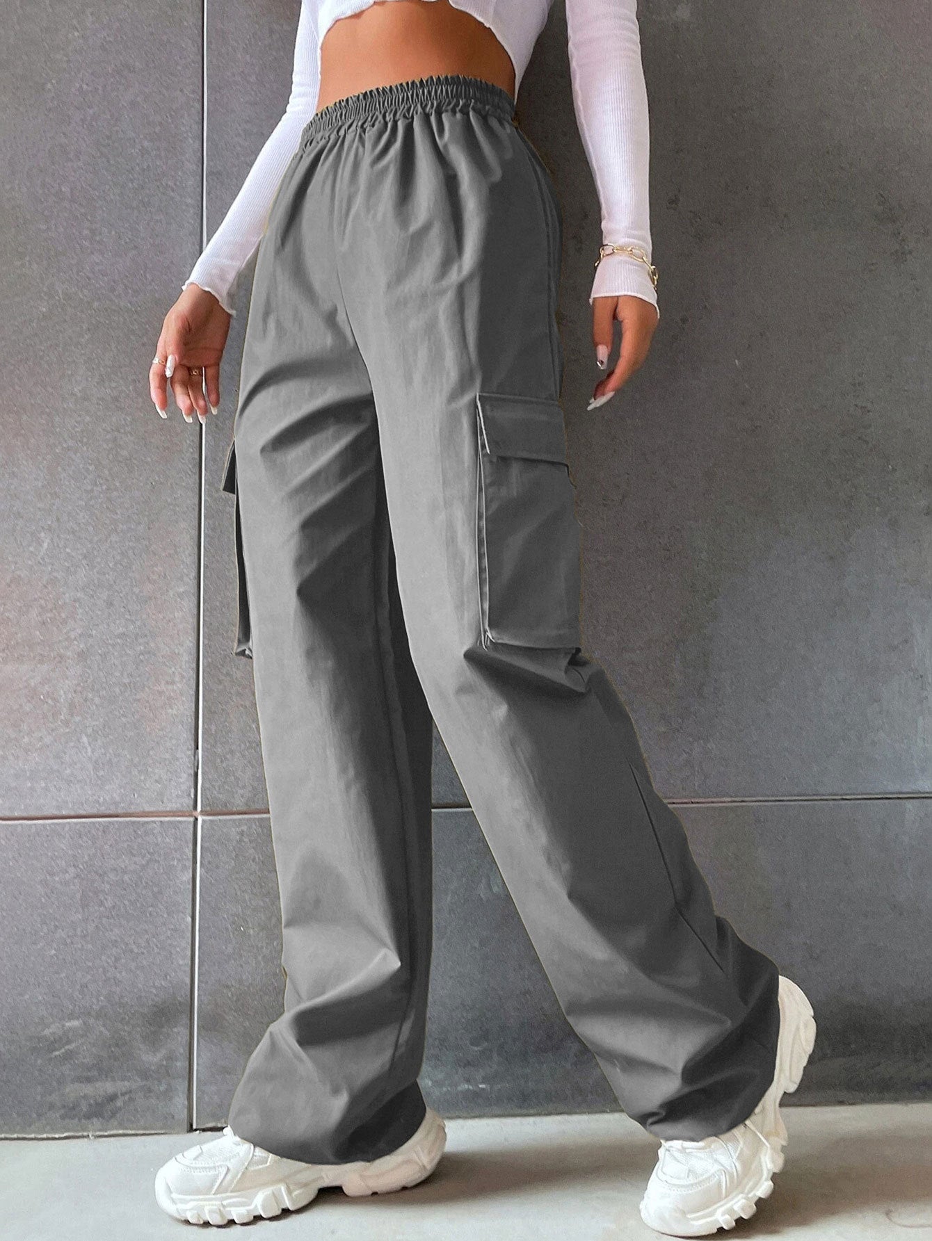 Women's Fashion Solid Color High Waist Flip Workwear With Pocket Pants