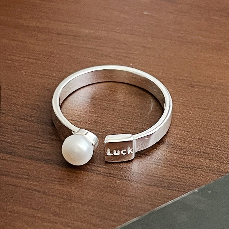 Simple French Retro 925 Sterling Silver Luck Letter Pearl Ring For Women
