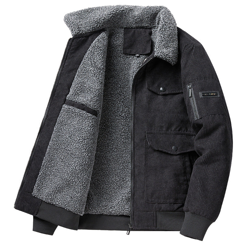 Winter Fashion Corduroy Korean Style Large Pocket Lambswool Velvet Padded Thickened Coat Men