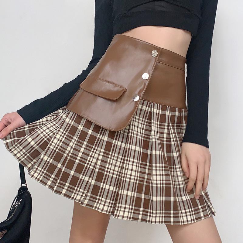 Pu Leather Stitching Short Skirt All Match Skirt Women